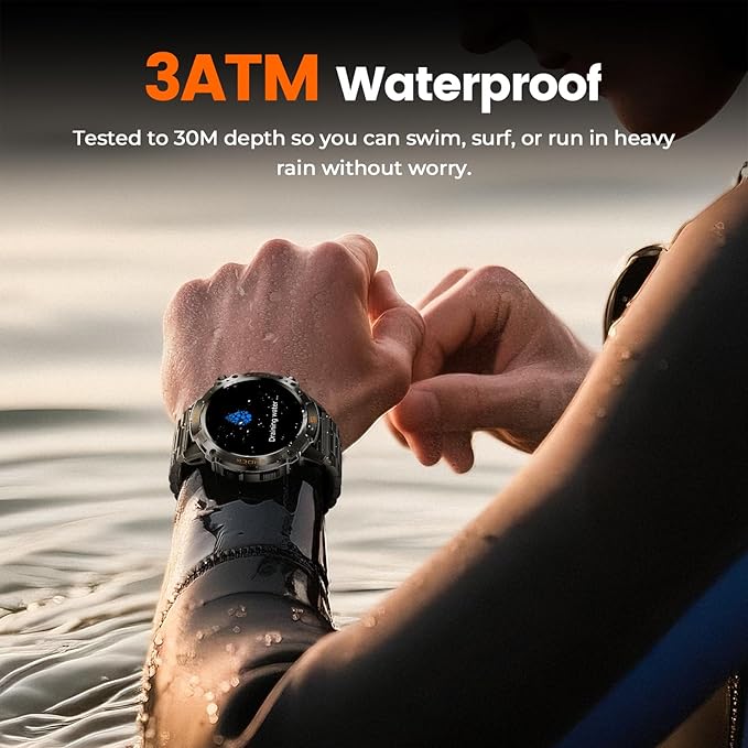 WalkerFit Military Rugged Smart Watch for Men 1.43" AMOLED Smartwatch,Alway-on,3ATM Waterproof for Swim,Accurate HR Sleep Monitor,Bluetooth Call Fitness Watch for iPhone Andriod Compatible,Steel Band