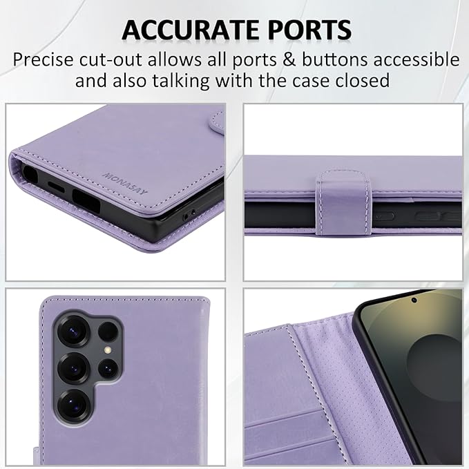 MONASAY Wallet Case Fit for Samsung Galaxy S25 Ultra 6.9 inch, [Lens & Glass Screen Protector Included] [RFID Blocking] Flip Folio Leather Cell Phone Cover with Credit Card Holder, Lavenders