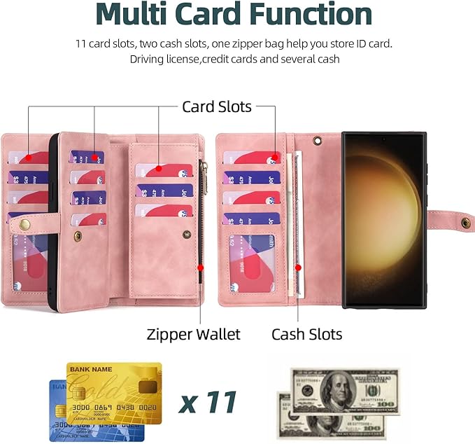 TwoHead for Samsung Galaxy S23 Ultra Wallet Case with Card Holder, PU Leather Detachable Magnetic Phone Case for S23 Ultra 6.8 in(Dream Pink)