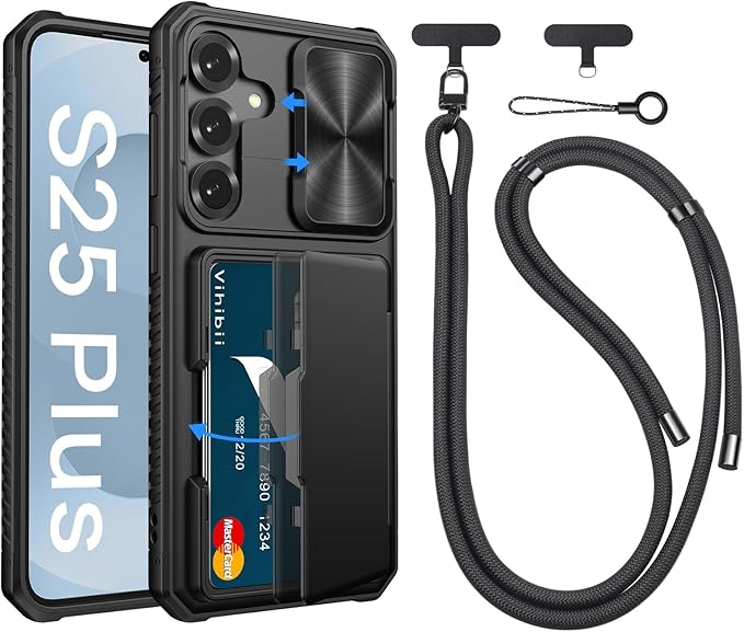 Vihibii for Samsung Galaxy S25 Plus with Case Crossbody Lanyard Strap, Build-in Card Holder (4 Cards), [RFID Blocking] & Slide Camera Cover & Military Grade Drop Protection Wallet Phone Case, Black