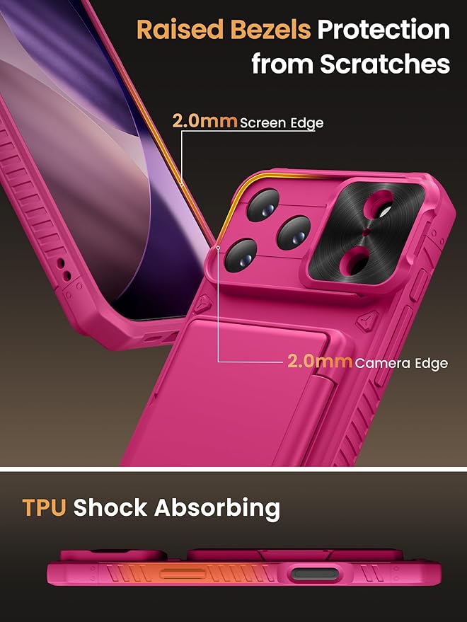 Vihibii for iPhone 17 Pro Case Wallet with Card Holder (4 Cards) [RFID Blocking] & Slide Lens Cover & Raised Edges Protect Screen, Shockproof Rugged Phone Cover Case for iPhone 17 Pro 2025, Hot Pink