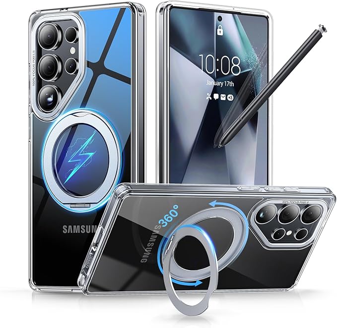 QTlier Phone case for Galaxy S25 Ultra- 360 Rotatable Magnetic Ring Stand, Military-Grade Protection, Raised Camera Frame Clear