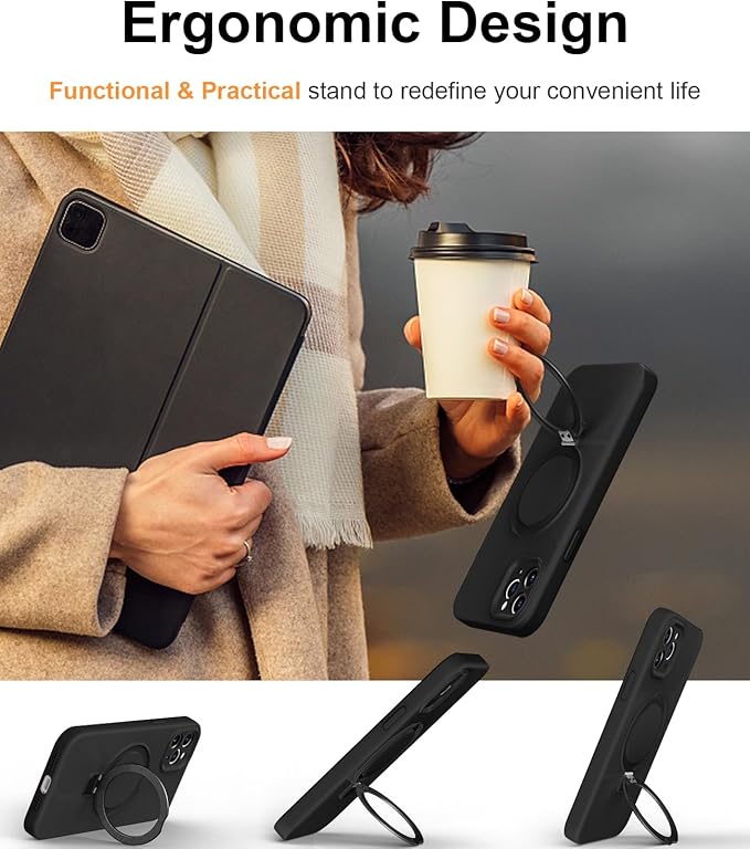 ZHK Liquid Silicone Designed for iPhone 12 pro Case with Magnet Stand, [Precise Camera Lens Protection][Mil-Grade Drop Shockproof][Soft Anti-Scratch Microfiber Lining] Slim Fit Cover, Black