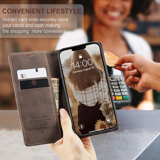 for iPhone 13 Case, Flip Wallet Leather Case with Card Holder Magnetic Closure Shockproof Kickstand Protective Phone Cases Cover for iPhone 13, Coffee