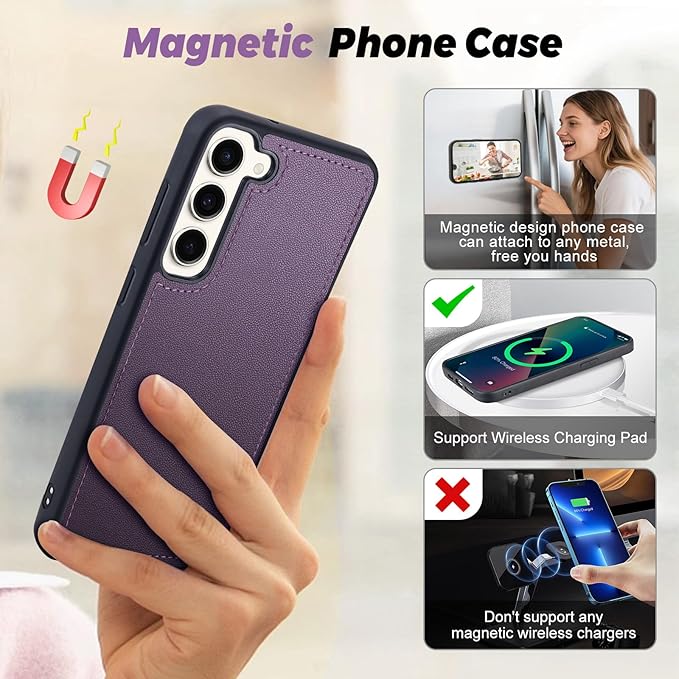 TwoHead for Samsung Galaxy S23 Wallet Case with Card Holder & Detachable Magnetic Phone Case for Galaxy S23,PU Leather Shockproof Protective Phone Cover Wallet with Wrist Strap(6.1 in,Deep Purple)