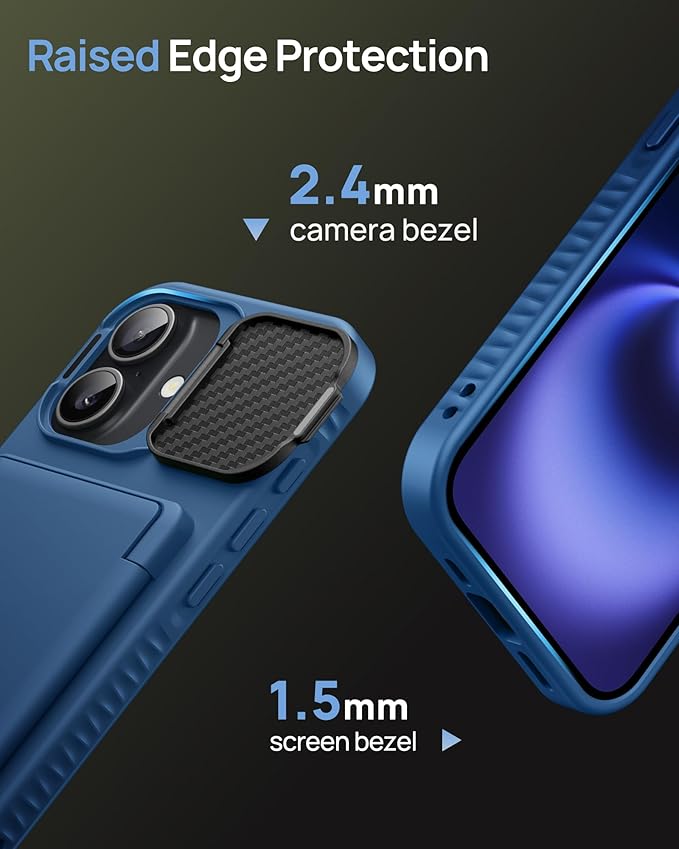 for iPhone 16 Case with Card Holder, Built-in Stand & Camera Lens Cover, Shockproof Rugged Silicone Raised Edge Protective Multifunctional Wallet Phone Case Cover for iPhone 16 6.1" 2024, Blue