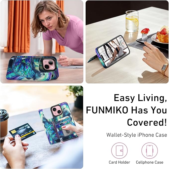 FUNMIKO for iPhone 15 Wallet Case with Card Holder, RFID-Blocking, Military-Grade Protection & UV-Printed Artwork, Magnetic Closure with Leather Kickstand - Prismatic Aurora Bear