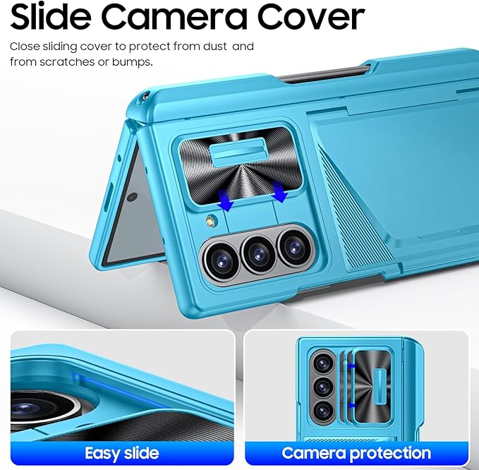 for Samsung Galaxy Z Fold 6 Case with Card Holder RFID Blocking & S Pen Holder & Slide Camera Cover & Hinge Protection & Privacy Screen Protector, Shockproof Wallet Case for Z fold 6,Lake Blue
