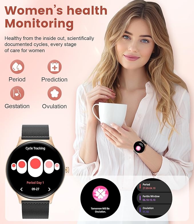 Smart Watches for Women, 1.43" AMOLED Display Fitness Tracker with Bluetooth Make/Answer Call, Heart Rate/Sleep Monitor/Female Cycle, 100+ Sports Modes, IP67 Waterproof for Android/iPhone