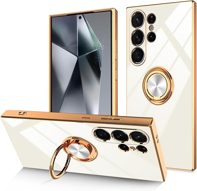 Dinick White for Samsung Galaxy S24 Ultra Case with Ring Holder Kickstand [with Magnetic] Soft TPU Bumper, Glitter Gold Electroplated Cover Slim Thin Protective Phone Case for Galaxy S24 Ultra