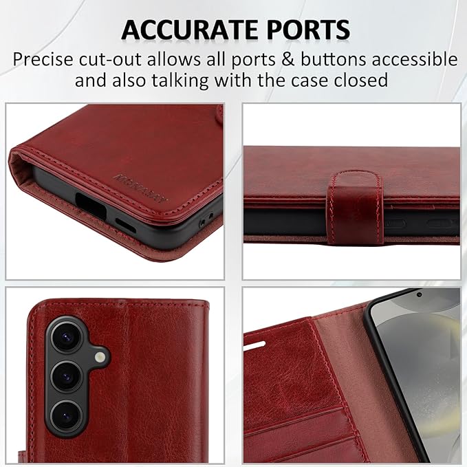MONASAY Wallet Case Fit for Samsung Galaxy S24 5G, [Lens & Glass Screen Protector Included] [RFID Blocking] Flip Folio Leather Cell Phone Cover with Credit Card Holder, 6.2 inch, Burgundy