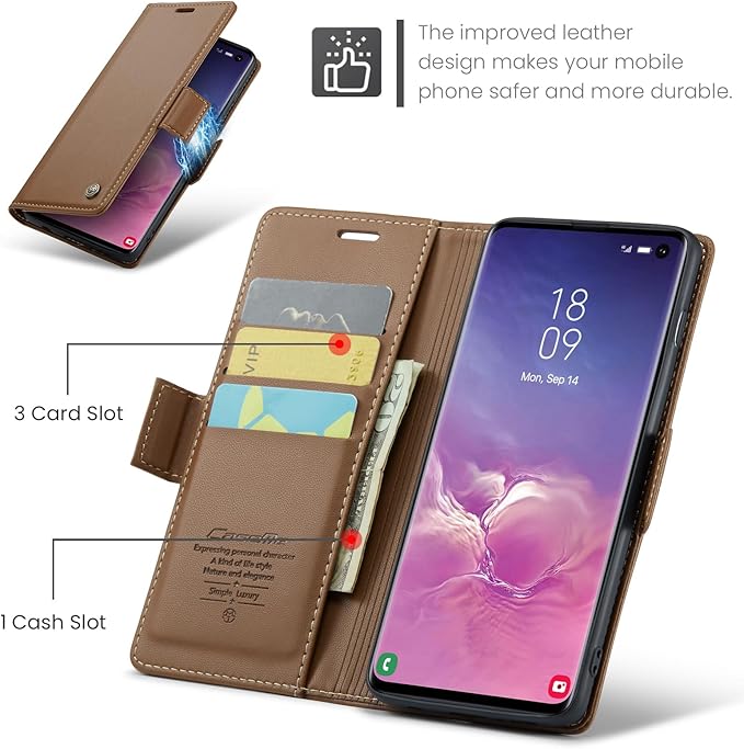 Case for Samsung Galaxy S10 Wallet Case, RFID Blocking PU Leather Flip Folio Cover Card Holder Kickstand Shockproof Phone Case Compatible with Samsung Galaxy S10, Brown