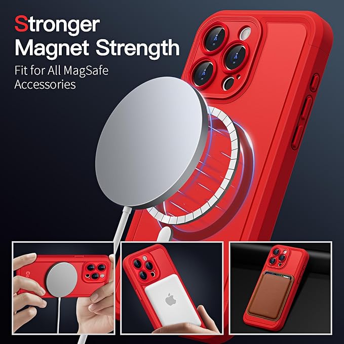 COOLQO Magnetic for iPhone 14 Pro Case, Compatible with MagSafe, Full Camera Protection, Dual Layer Design Military Grade Drop Protection, Matte Scratch-Resistant Heavy Duty Phone Cover, Red