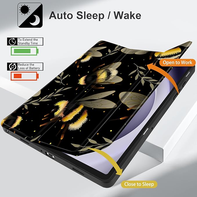 MEEgoodo Case for Samsung Galaxy Tab A9 Plus 11 inch Cover 2024 2023 with S Pen Holder, A9+ Smart Tablet Cases with Leather Trifold Stand+Soft TPU Back Shell+Smart Auto Wake/Sleep, Bumblebee & Leaves