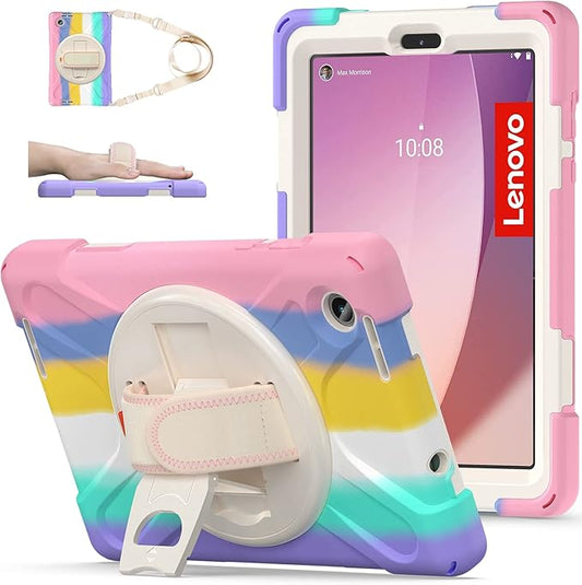 TSQQST for Lenovo Tab M8 Case 4th Gen (TB-300FU/TB301XU) 2023 2024 for Kids Girls | Flexible Silicone TPU Shockproof Anti-Scratch Cute Case with Stand&Hand Strap for Lenovo M8 Tablet | Colorful Pink