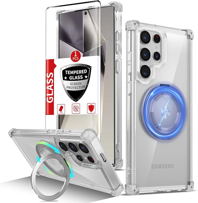 for Samsung Galaxy S24 Ultra Case Compatible with Magnetic Wireless Charging with Screen Protectors, S24 Ultra Case Built-in Kickstand Ring Military Grade Drop Protection Shockproof Clear