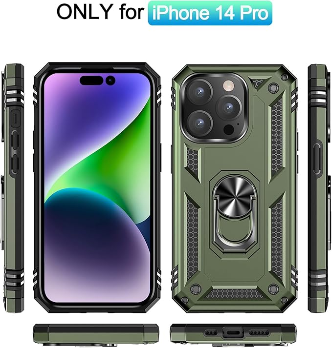 ADDIT Phone Case for iPhone 14 Pro Case,with Kickstand Ring,Adjustable Stand,Military Grade,Heavy Duty Protection,Shockproof,Anti-Fingerprint,Support Magnet Car Mount,ArmyGreen