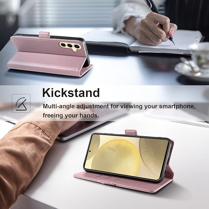 Wallet Flip Case for Samsung Galaxy S25 5G - [RFID Blocking] Luxury PU Leather Card Holder Magnetic Phone Cover with Kickstand,Shockproof Protective Case,Pink