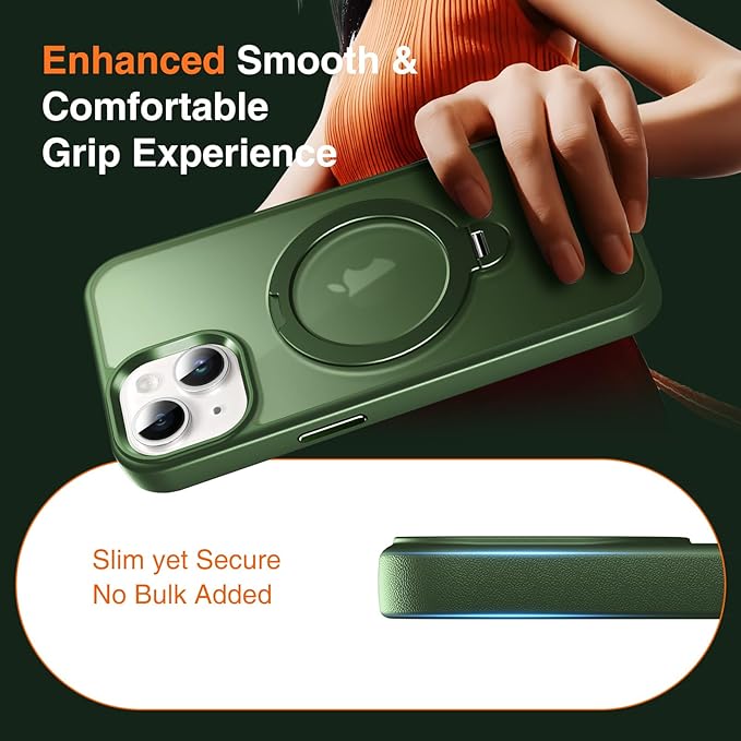 360° O-Ring MagStander for iPhone 13 Case, iPhone 14 Case with Magnetic Stand Ring Holder [Compatible with MagSafe][15FT Military Shockproof] Kickstand iPhone 13/14 Phone Cover Matte Green
