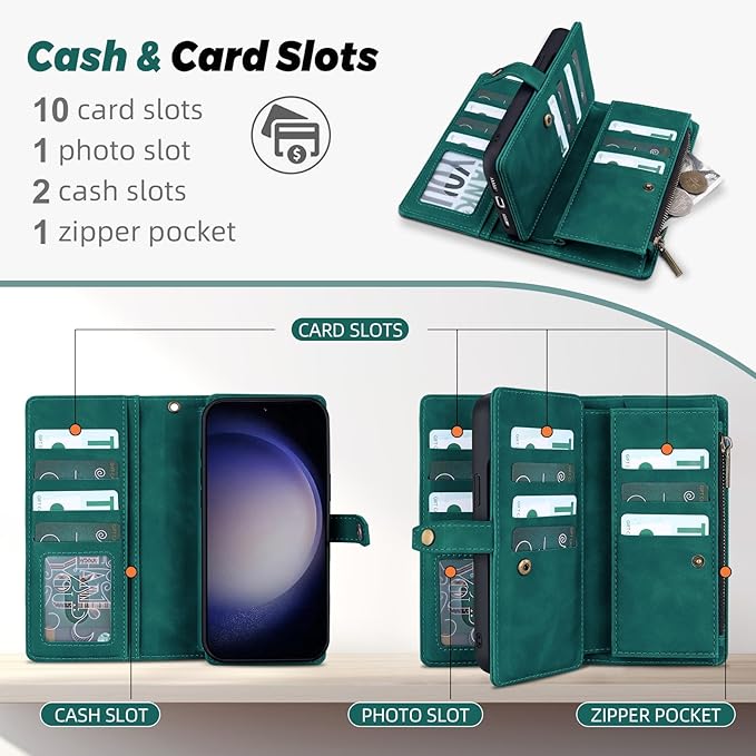 TwoHead for Samsung Galaxy S23 Wallet Case with Card Holder & Detachable Magnetic Phone Case for Galaxy S23,PU Leather Shockproof Protective Phone Cover Wallet with Wrist Strap(6.1 in,Green)