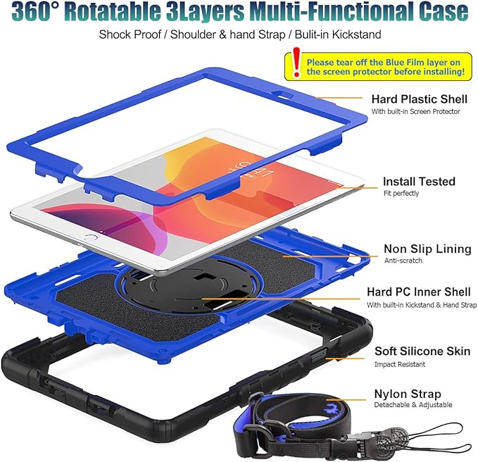 SEYMAC stock Case for iPad 9th/ 8th/ 7th Generation 10.2'', Shockproof with Screen Protector, Pencil Holder [360° Rotating Hand Strap] & Stand, for iPad 10.2 inch 2021-2019 (Blue+Black)