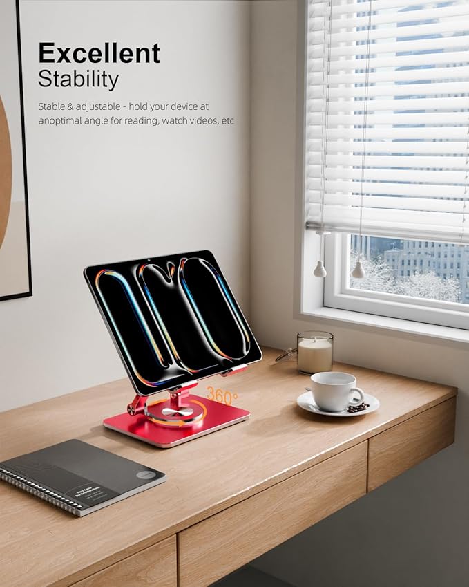 Tablet Stand Holder with Thickened 360°Rotating Base Dual Rod Adjustable Aluminum Stand for All 5.8-12.9” iPad Samsung Phone Tablet Kindle E-Reader and More, Gold