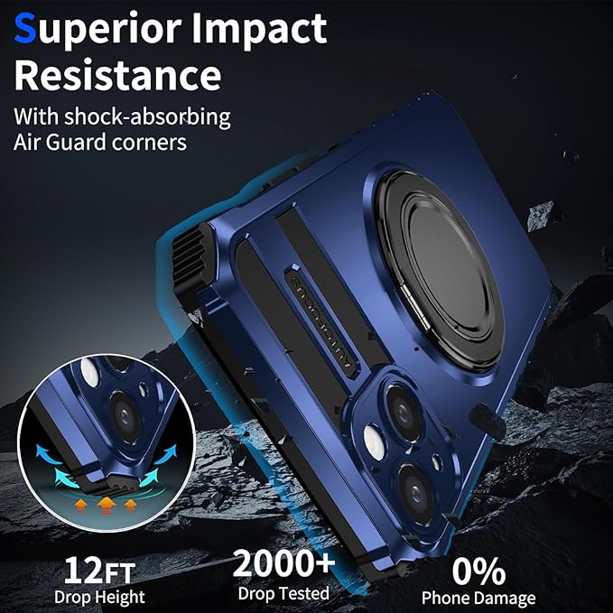 Magnetic for iPhone 15 Case Compatible with MagSafe Wireless Charging,15 Phone Case with 2 Screen Protectors,Built-in Kickstand Ring Military Grade Drop Shockproof Heavy Duty Protection Blue