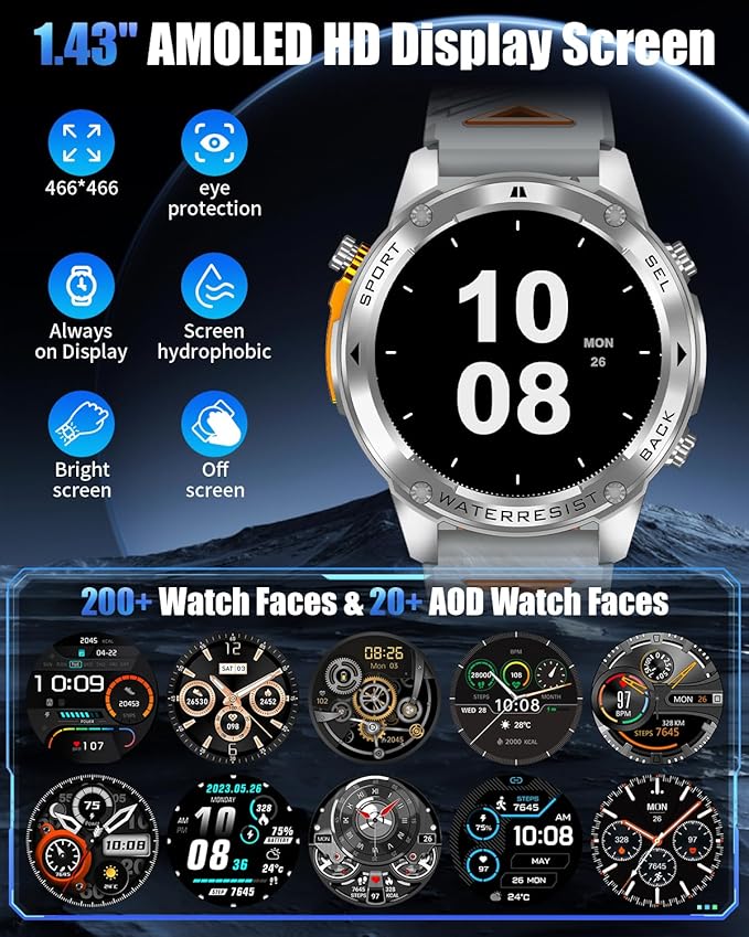 Military Smart Watch for Men with GPS, 1.43" AMOLED Smart Watch with Bluetooth Call, 5ATM Waterproof, 170+ Sports Modes, 500mAh Heart Rate/Sleep/SpO2 Monitor, Fitness Tracker for Android iOS