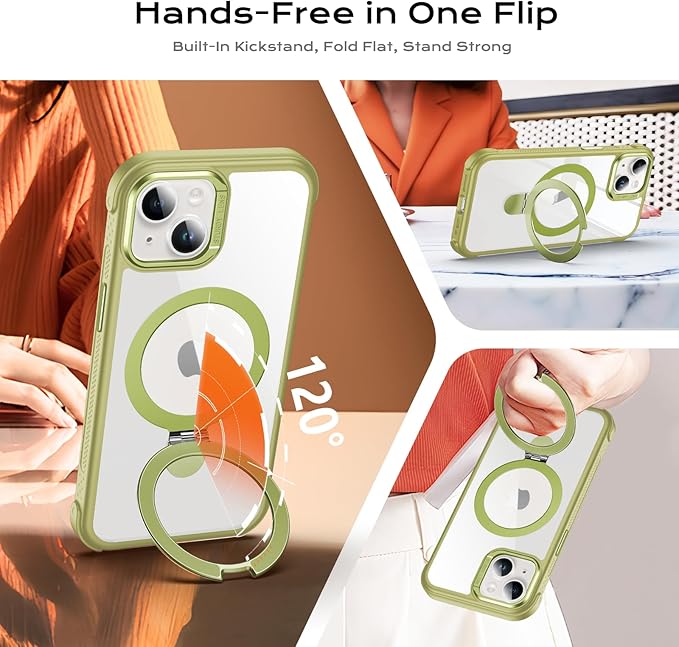 Anqrp O-Ring Magnetic Kickstand Clear Case for iPhone 14/13, Compatible with Mag-Safe, Military-Grade Reinforced 4-Corners Anti-Yellowing Transparent Phone Case Cover for iPhone 13/14, Green