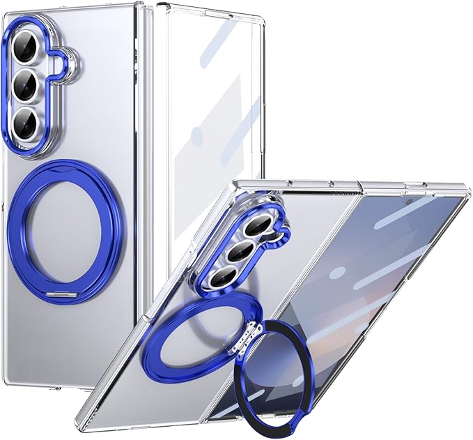for Samsung Galaxy Z Fold 7 Case with Magnetic Ring Holder, 360 Rotating Bracket, Built-in Front Screen Len Protector, Anti-Yellowing & Anti-Fingerprint Crystal Clear Case.(Blue)