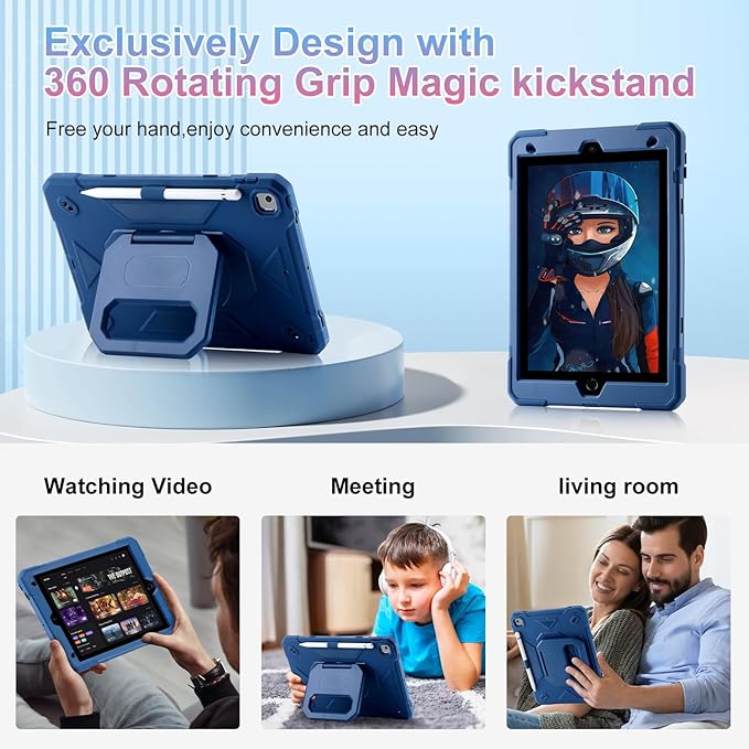 for iPad 9th/ 8th/ 7th Generation Case (iPad 10.2 inch Shockproof Case) with 360 Rotating Grip Magic Stand, Pencil Holder/Keychain/Carrying Shoulder Strap for iPad 10.2 inch (Navy Blue)
