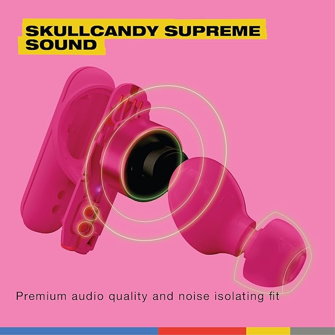 Skullcandy Smokin’ Buds Wireless Earbuds, Bluetooth Headphones, Noise Isolating Fit, Up to 20 Hours Battery, IPX4 Sweat and Water Resistant, Microphone for iPhone Android - Pink