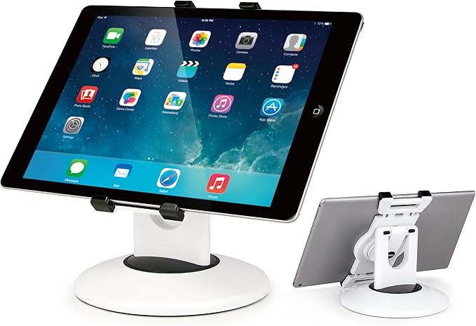 EHO iPad Stand, 360° Rotating Commercial Tablet Stand, Retail Kiosk, 6"-13"(Screen) Adapter Universal Tablet Clamp Holder for iPad, iPadAir, iPadMini, Microsoft Surface, Most Tablets - White