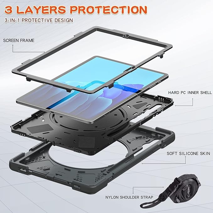 360 Rotation Portable Case for Galaxy Tab S8+/S7 FE/S7+ 12.4 Inch Case with S Pen Holder Rugged Case Rotating Stand Hand Strap Shoulder Carrying Strap Outdoor Cover (Black)