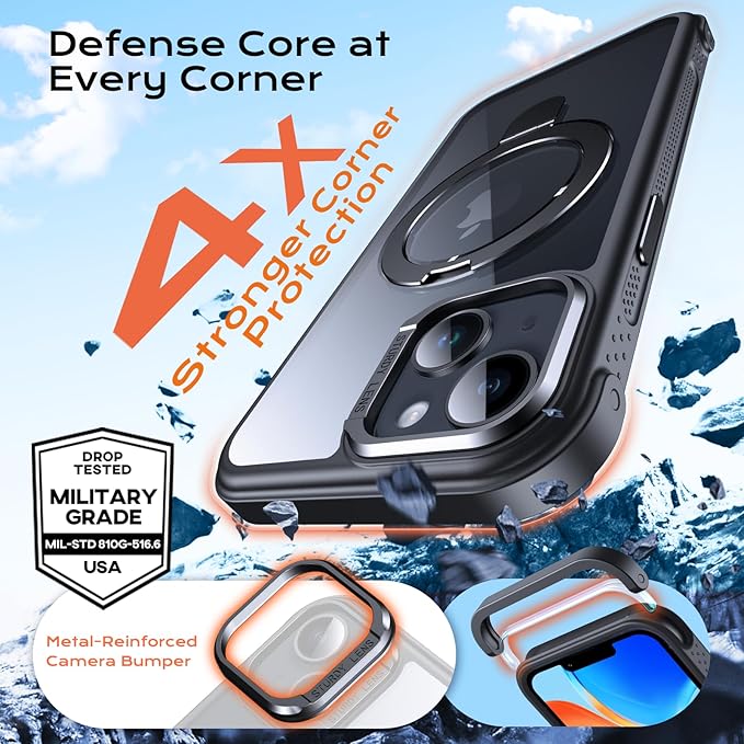 Anqrp O-Ring Magnetic Kickstand Clear Case for iPhone 14/13, Compatible with Mag-Safe, Military-Grade Reinforced 4-Corners Anti-Yellowing Transparent Phone Case Cover for iPhone 13/14, Black