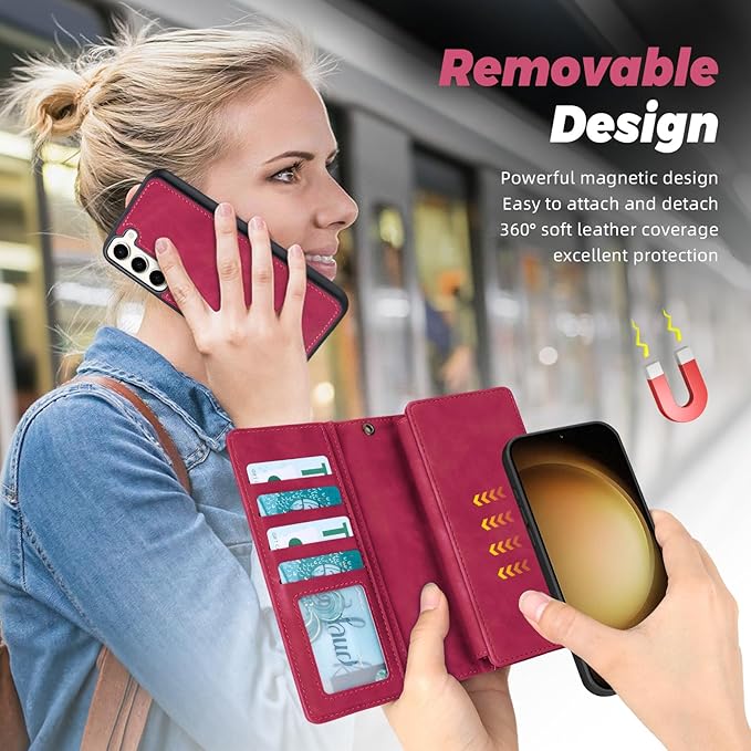 TwoHead for Samsung Galaxy S23 Plus Wallet Case with Card Holder,Detachable Magnetic Phone Case for Galaxy S23 Plus,PU Leather All-Round Protective Phone Cover Wallet with Strap(6.6 in,Wine Red)