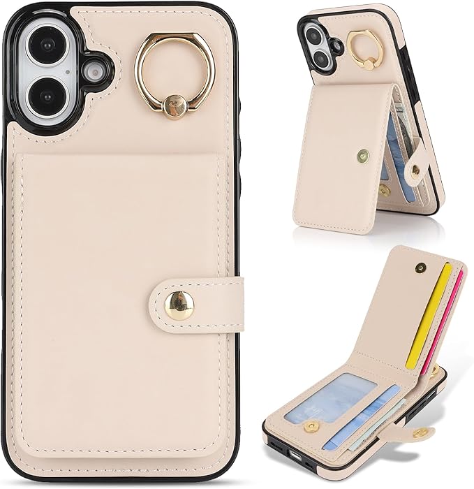 Compatible iPhone 16 Wallet Case with Card Holder RFID Blocking PU Leather Doubles as a Wallet Unisex Flip Shockproof Protection with Card Slots Ring Wrist Kickstand Function,White