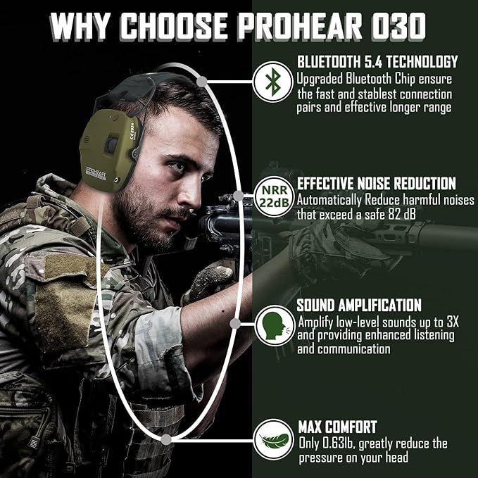 PROHEAR 030 Upgraded Bluetooth Electronic Shooting Hearing Protection Muffs with GEP02 Gel Ear Pads, Noise Reduction Sound Amplification Headsets for Range, Gifts for Women Man - Green