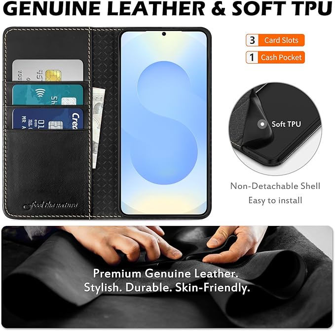 SHIELDON Case for Galaxy S25 Edge 6.7" 2025, Genuine Leather Folio Wallet Case RFID Blocking Card Holder Folio Magnetic Stand Shockproof Protective Cover Compatible with Galaxy S25 Edge - Retro Black