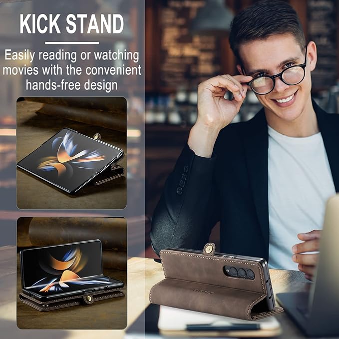 for Samsung Galaxy Z Fold4 Case, Flip Wallet Leather Case with Card Holder Magnetic Closure Shockproof Kickstand Protective Phone Cases Cover for Samsung Galaxy Z Fold4,Coffee