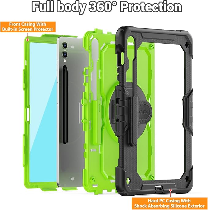 SEYMAC Case for Samsung Galaxy Tab S10+ Plus 2024/S9 FE+/S9+ 12.4" 2023, Heavy Duty Shockproof Protective Case With Screen Protector, Stand, Hand/Shoulder Strap and Pen Holder, Green
