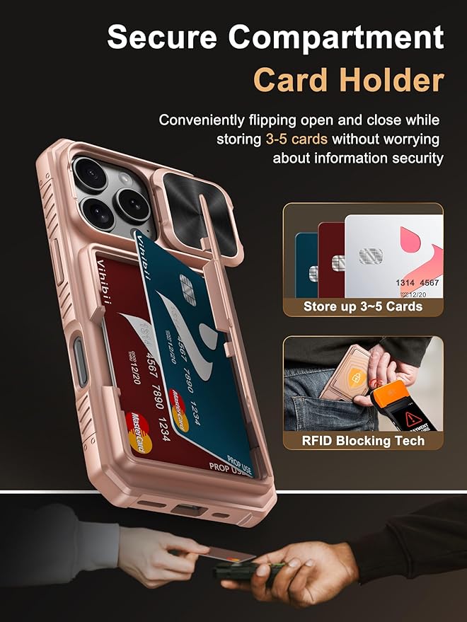 Vihibii for iPhone 16 Pro Case Wallet with Card Holder (4 Cards) [RFID Blocking] & Slide Camera Cover, Military Grade Drop Protection, Rugged Back & Silicone Edge Phone Cover, 6.3" 2024, Rose Gold