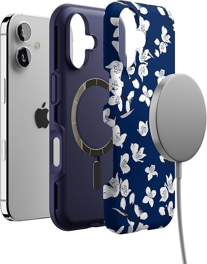 Casely iPhone 17 Case | Floral Forest | Navy Cherry Blossom Floral | Bold Protective Design | Compatible with MagSafe