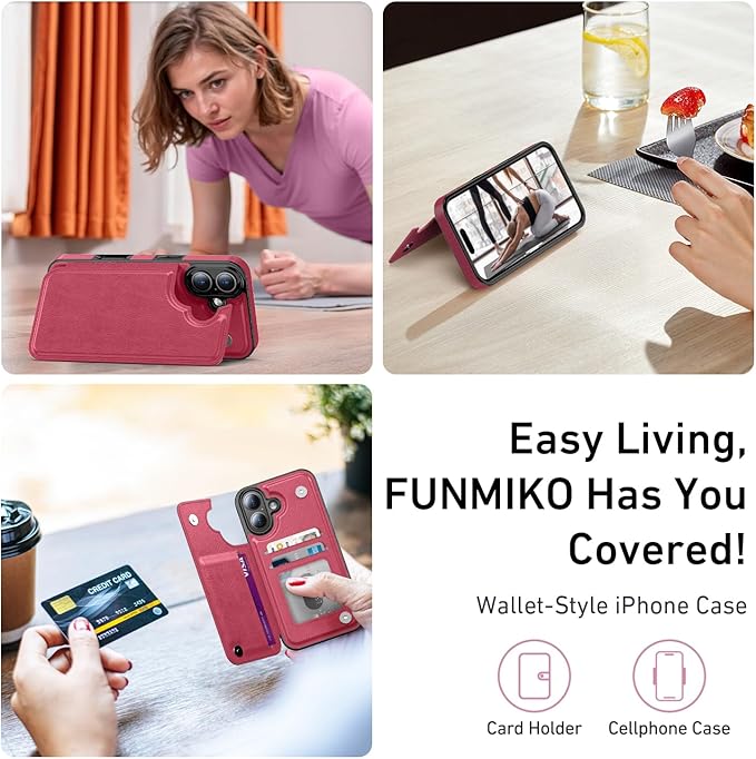 FUNMIKO for iPhone 16 Wallet Case with Card Holder, RFID-Blocking, Military-Grade Protection & UV-Printed Artwork, Magnetic Closure with Leather Kickstand - Hot Pink