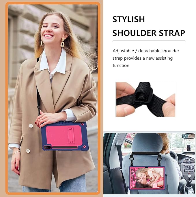 for Lenovo Tab P12 Case,for Lenovo Tab P12 12.7 Inch Tablet Case,Heavy Duty Kids Shockproof with Kickstand Shoulder Strap Cover for Lenovo Tab P12 2023/2024/Xiaoxin Pad Pro (Navy/Pink)