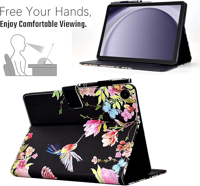 KEROM Case for Galaxy Tab A9+ Plus 11 Inch 2024 2023 (SM-X210/X216/X218), Samsung Tablet A9 Plus Case, PU Leather Stand Cover Case for Samsung Galaxy Tab A9+ Plus, Auto Wake/Sleep - Bird Flower