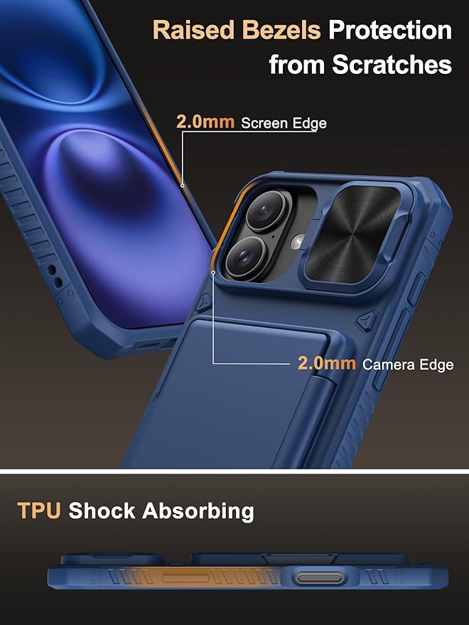 Vihibii for iPhone 16 Plus Wallet Case with Card Holder (4 Cards) [RFID Blocking] & Slide Camera Cover & Raised Edges Protect Screen, Shockproof Rugged Phone Cover for iPhone 16 Plus 6.7" 2024, Blue