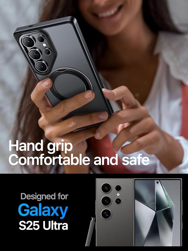 QTlier Phone case for Galaxy S24 Ultra& S25 Ultra- 360 Rotatable Magnetic Ring Stand, Military-Grade Protection, Raised Camera Frame (Black, S25 Ultra)