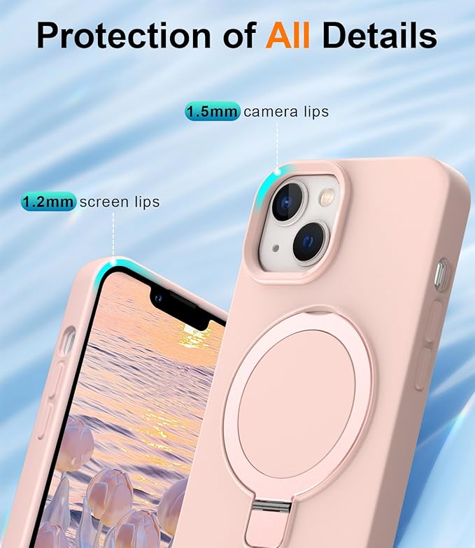 ZHK Liquid Silicone Designed for iPhone 13/14 Case with Magnet Stand, [Mil-Grade Drop Shockproof][Soft Anti-Scratch Microfiber Lining] Slim Fit Cover, Pink