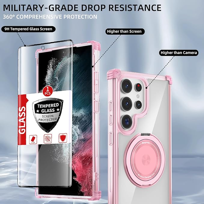 for Samsung Galaxy S22 Ultra Case Compatible Wireless Charging Magnetic,with Screen Protector,for S22Ultra Phone Case with 360°Stand Ring Military Grade Shockproof Heavy Duty Protection Pink